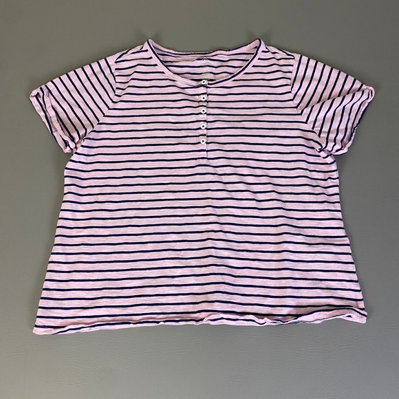 St John's Bay Striped Button T-Shirt Top 1X Pink Blue Casual Cotton‎ Henley - Picture 1 of 9